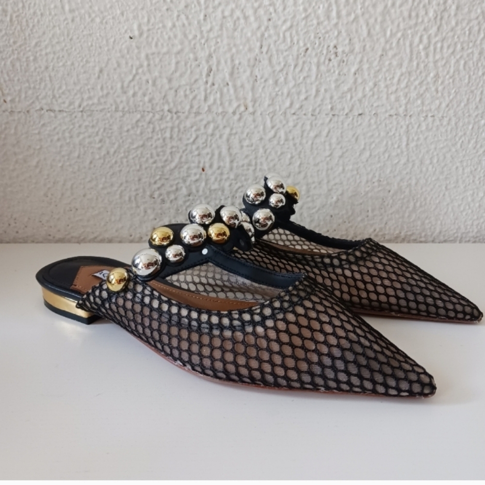 Aquazzura Black Mesh Pointed Toe Mules with Gold & Silver Studs